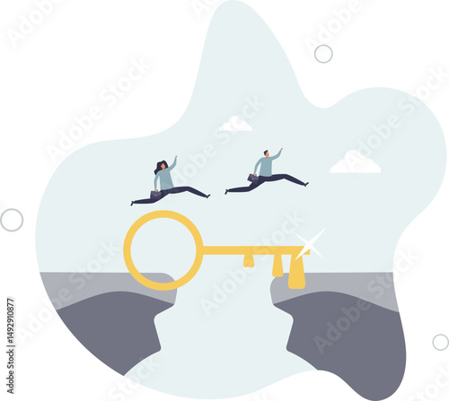 Key success, solution to solve problem and overcome obstacle, link or connect bridge to help achieve success, resolution method or resolve concept. character life .
