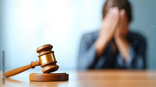 A wooden gavel rests on a table in the foreground, sharply in focus, while a distressed person sits in the blurred background, hands covering their face