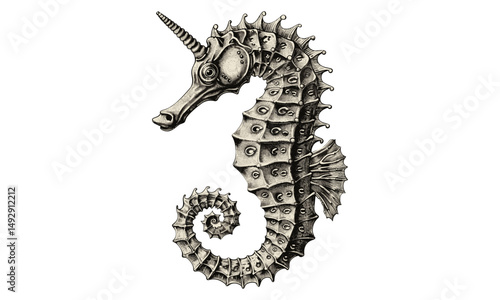 Vintage Ocean Life Illustration, Detailed Engraving of Seahorse in Retro Marine Style, Antique Etching of Aquatic Invertebrate, Nautical Print, Old Engraving Style, Hand-drawn Sea Creature Sketch