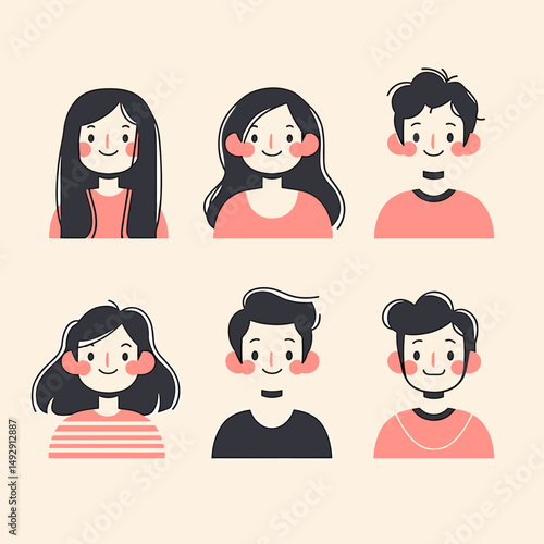 Diversity Portrait Illustration: A charming illustration featuring six diverse faces, each with unique features and hairstyles, radiating positivity and warmth.