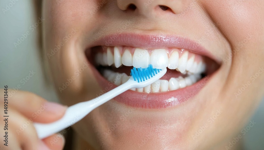 Fototapeta premium Bright morning routine woman brushing teeth bathroom lifestyle clean environment close-up personal care