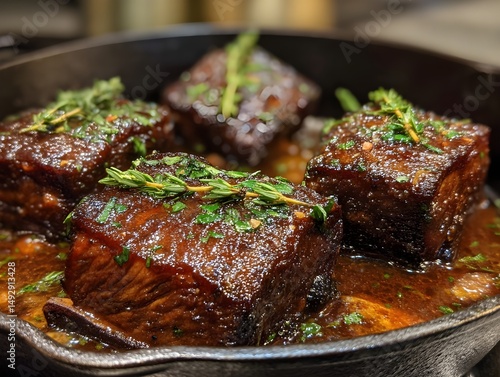 Tenderly braised short ribs in a cast iron skillet garnished with herbs enhancing gourmet flavor