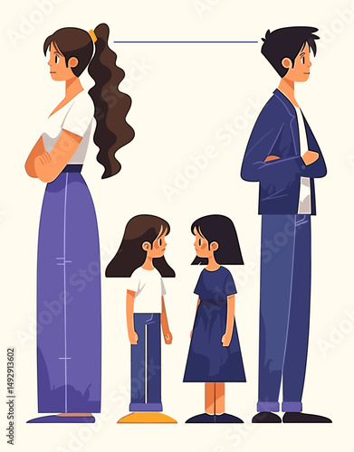 Divided Household, United Front: A symbolic illustration capturing the complex dynamics of divorce, where a couple, separated yet connected by their children.