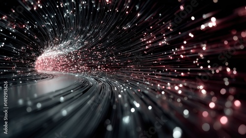Abstract tunnel with light streaks and bokeh effect in dark background.