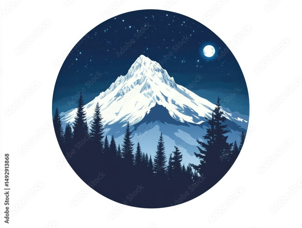 Fototapeta premium Snowy mountain peak at night in a circular graphic design.