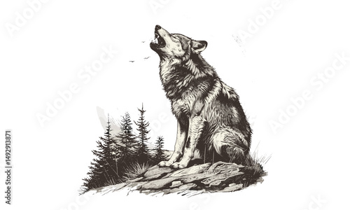 Monochrome Wildlife Line Art, Wolf Howling at Moon, Vintage Animal Etching, Rustic Fauna Illustration, Nature Print for Wolf Lovers, Black Sketch, Old Engraving Style, Trendy Animal Art