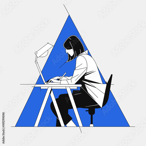 Creative Workspace: An illustrated scene depicting a person engrossed in work at a desk, illuminated by a desk lamp, embodying the focus and dedication of creative endeavors.