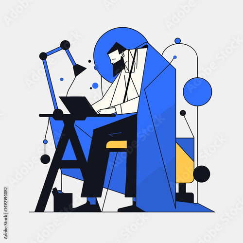 Focused Endeavor: An illustration captures a man absorbed in his task, working intently on a laptop at his desk, illuminated by the desk lamp.
