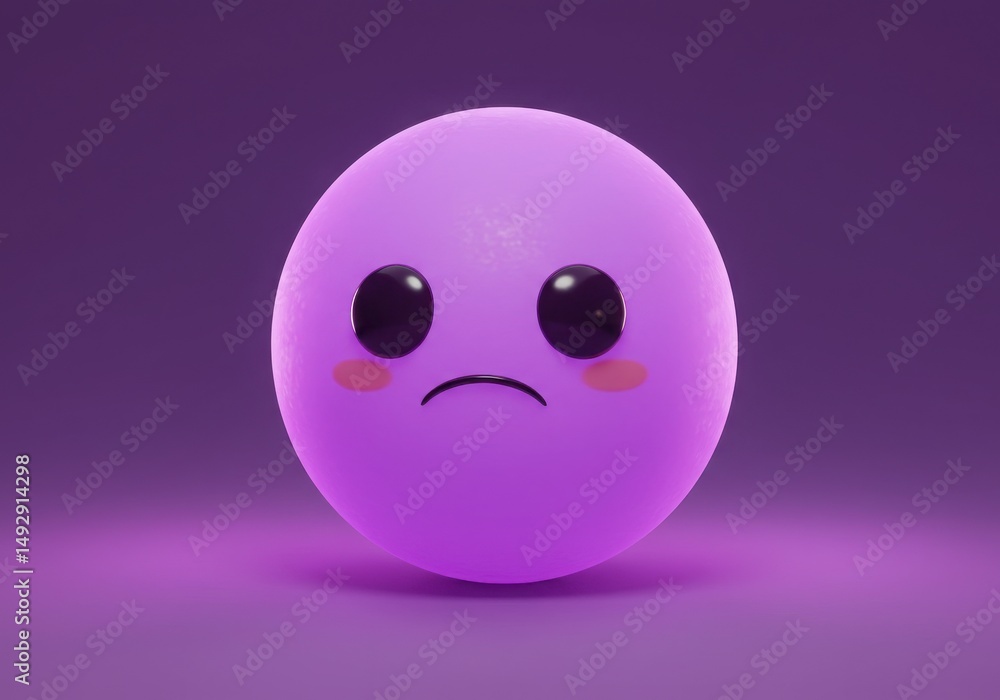 Fototapeta premium Sad purple emoticon with blush on a purple background