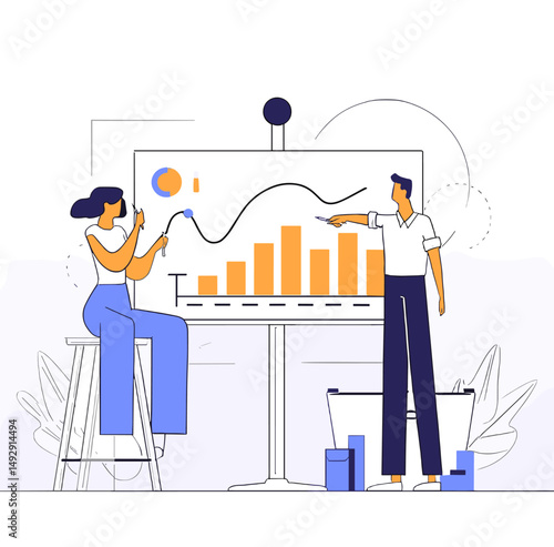 Business Data Discussion: A dynamic scene depicts two business professionals engaging in an insightful discussion around a presentation board, analyzing data to refine strategies.
