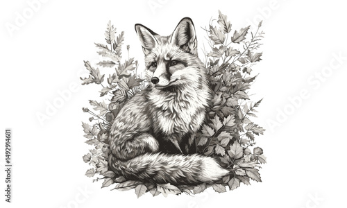 Vintage Fox Illustration, Autumn Leaves Sketch, Rustic Forest Animal Art, Hand-drawn Engraving Style, Nature Drawing in Black, woodland wall art, engraved woodland fox