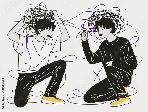 Mental Maze: Illustration of two individuals entangled in a web of thoughts, symbolizing confusion, complexity, and the intricacies of the human mind. 