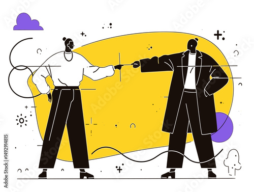 Negotiation and Decision: Dynamic vector illustration depicts two figures engaging in a tense negotiation, emphasizing decision-making. conveying complex process.