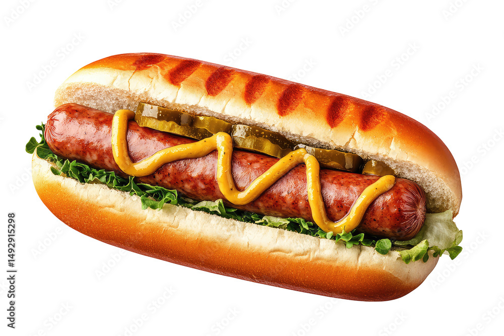 A close up shot of a hotdog with mustard pickles and lettuce on a bun against a black background on transparent background A close up shot of a hotdog with mustard pickles and lettuce on a bun against a black background on transparent background