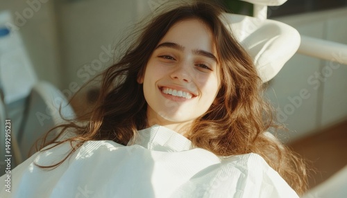 Smiling woman in medical gown sitting on dental chair modern clinic portrait bright environment positive vibes