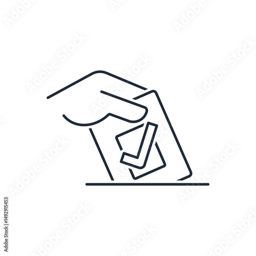 Hand with a ballot.  Give a vote, preference.Electoral process.Vector linear illustration icon isolated on white background.