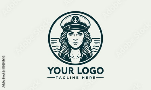 Bearded female ship captain illustrated in vintage emblem portrait with maritime uniform. Transportation concept
