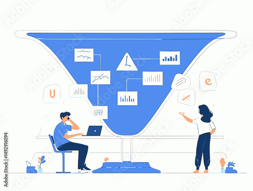 Data Analysis Workflow: An illustration depicting a streamlined data analysis workflow, with a professional team collaborating to interpret insightful information through data visualization tools.