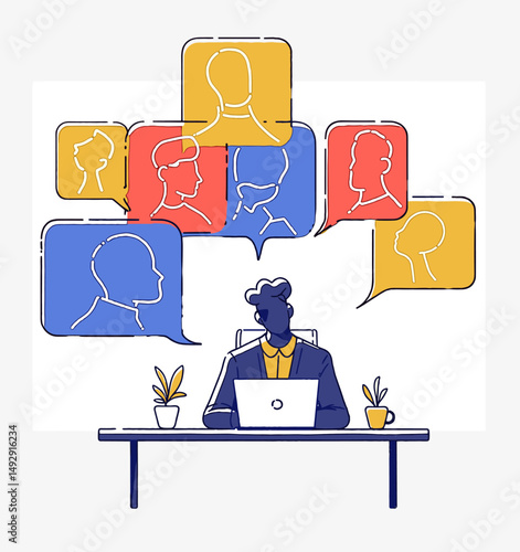 Virtual Connection: A digitally rendered image captures a person in deep focus at their desk, engrossed in an online meeting with virtual colleagues.