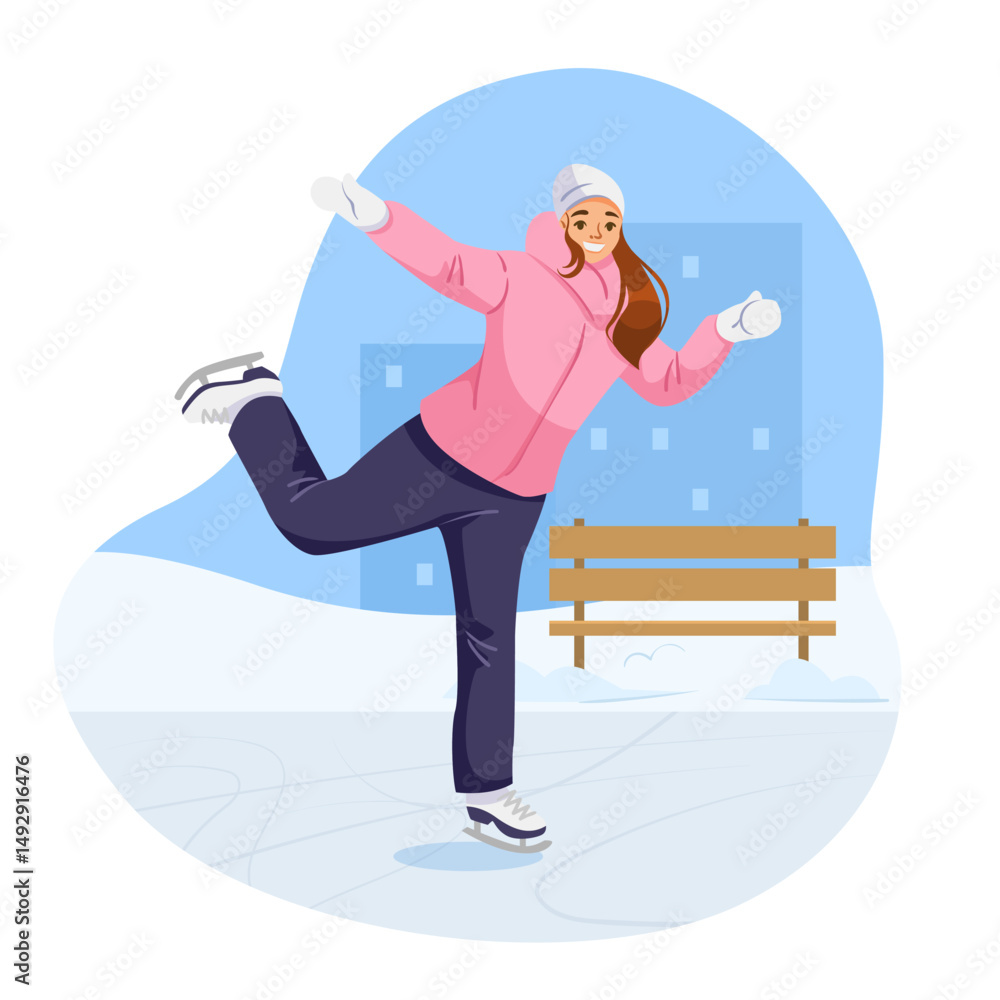 Naklejka premium Happy girl ice skating in winter clothes on ice rink, cartoon style, urban snowy background, concept of outdoor fun. Vector illustration