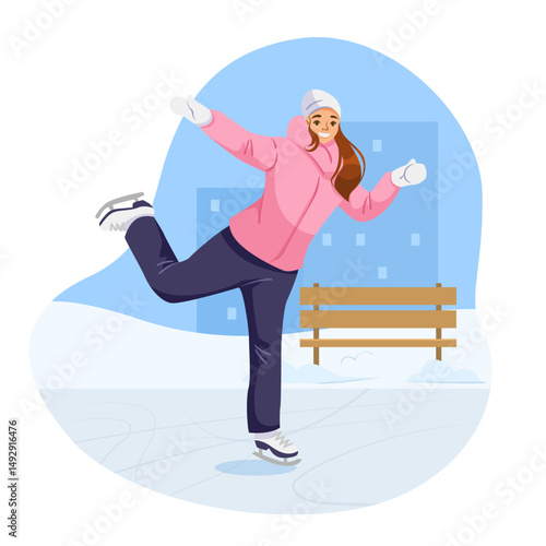Happy girl ice skating in winter clothes on ice rink, cartoon style, urban snowy background, concept of outdoor fun. Vector illustration