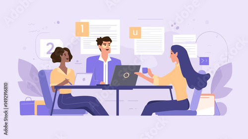 Meeting of the Minds: A business meeting scene with a diverse group collaborating around a table, fostering a sense of teamwork and focused dialogue.