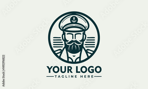 Bearded male ship captain illustrated in vintage emblem portrait with maritime uniform. Transportation concept
