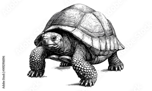 Monochrome Wildlife Etching, Vintage Reptile Line Drawing, Scientific Animal Print, Hand-etched Tortoise Crawling, Rustic Nature Sketch, Black Sketch, Old Engraving Style, Trendy Animal