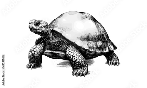 Vintage Reptile Line Drawing, Monochrome Wildlife Etching, Scientific Animal Print, Hand-etched Tortoise Crawling, Rustic Nature Sketch, Black Sketch, Old Engraving Style, Trendy Illustration