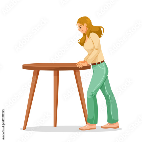 Young woman in casual outfit leaning on a round wooden table, cartoon style on white background. Concept of home interior or furniture use. Vector illustration