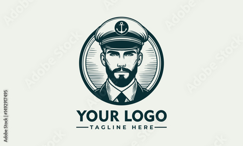 Bearded male ship captain illustrated in vintage emblem portrait with maritime uniform. Transportation concept

