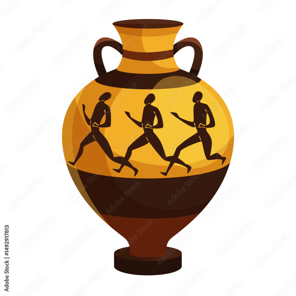 Traditional Greek amphora with black-figure painting of running athletes, flat graphic style, isolated on white background. Concept of ancient art. Vector illustration Traditional Greek amphora with black-figure painting of running athletes, flat graphic style, isolated on white background. Concept of ancient art. Vector illustration