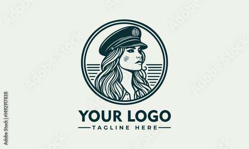 Bearded female ship captain illustrated in vintage emblem portrait with maritime uniform. Transportation concept
