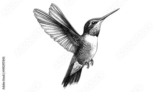 Hand-drawn Hummingbird in Flight, Black Sketch, Rustic Bird Design, Vintage Animal Art, Wildlife Decor, Old Engraving Style, Trendy Animal Wall Print, Antique Sketch, Elegant Decor