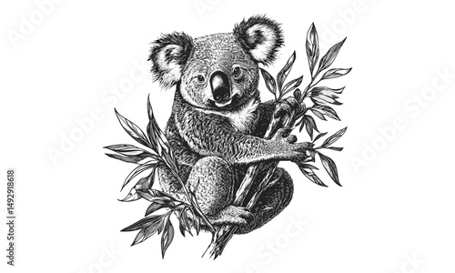 Hand-drawn Koala on Eucalyptus Tree, Vintage Wildlife Art, Rustic Animal Drawing, Black Sketch Effect, Nature Wall Decor, Australian Art, Old Engraving Style, Trendy Rustic Design