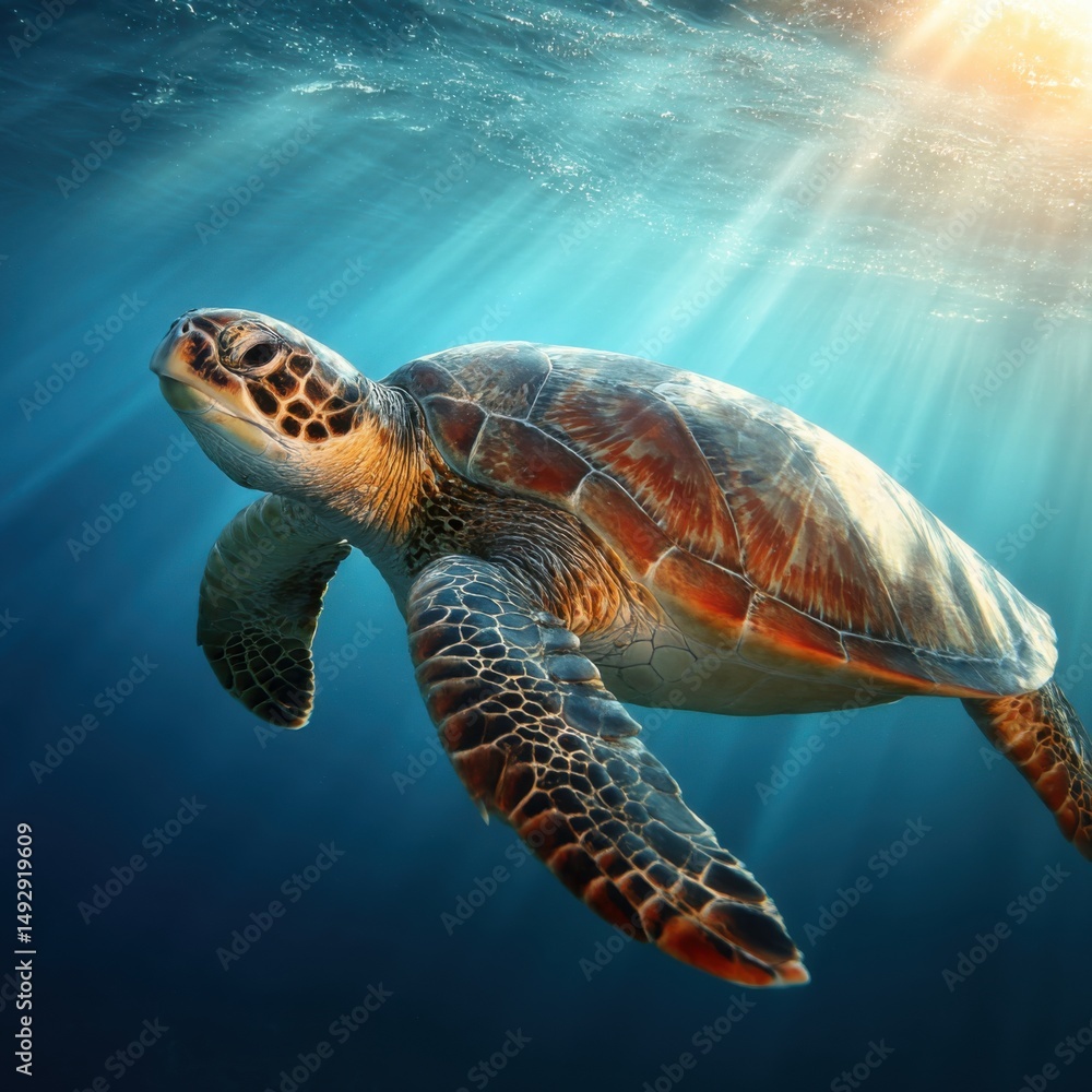 Fototapeta premium Sea Turtle Swimming in Sunlit Ocean Waters Close Up View Marine Life Underwater Photography Aquatic Animal