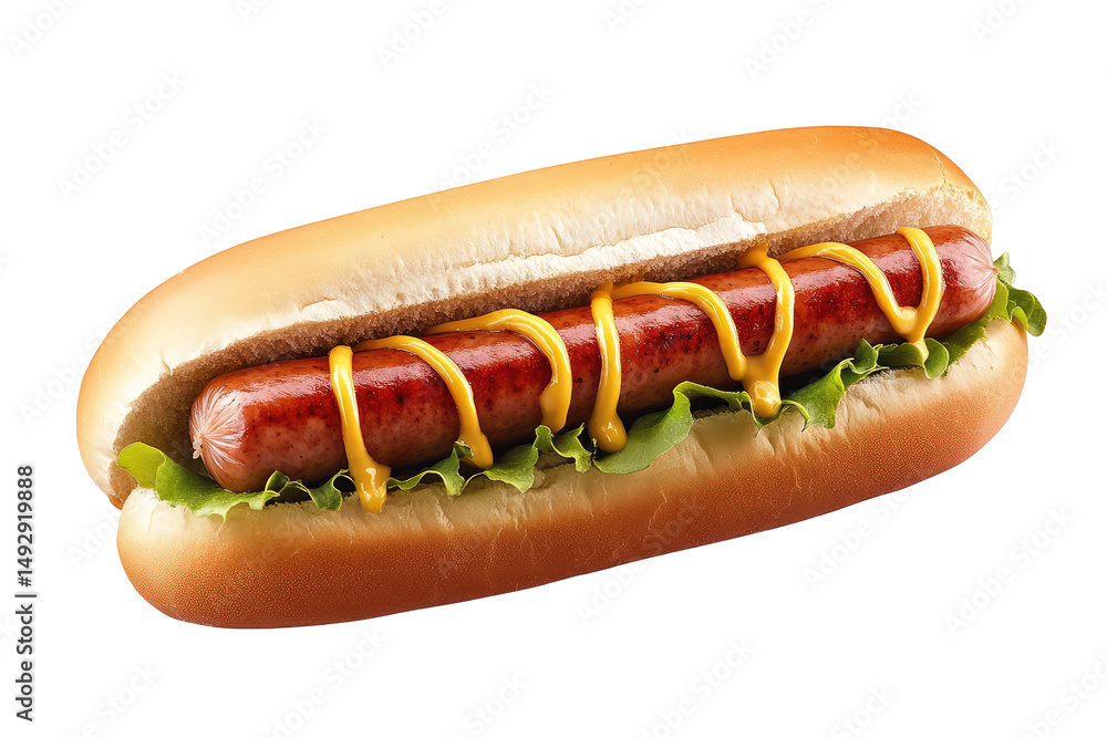A delicious looking hotdog with mustard and lettuce in a bun on a black isolated studio background shot on transparent background A delicious looking hotdog with mustard and lettuce in a bun on a black isolated studio background shot on transparent background