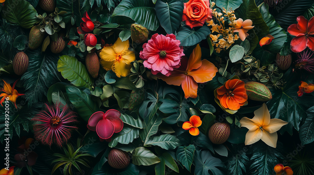 Fototapeta premium Vibrant Tropical Floral Display with Exotic Leaves and Vibrant Colors