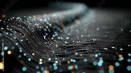 Abstract wavy dark lines with glowing dots representing data flow or fiber optics.