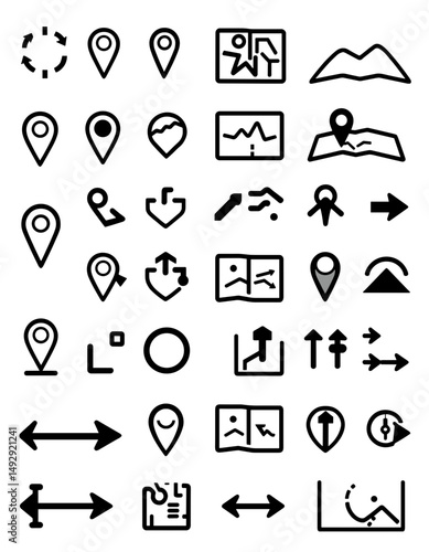 Navigation Icons: A comprehensive array of minimalist navigational icons, designed for map applications and user interface, featuring diverse symbols for direction, location, and travel planning. 