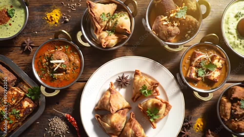 Overhead Display Of Diverse Authentic Indian Dishes Arranged In Silver Bowls On Rustic Wooden Tabletop Showcasing Rich Colors And Spices And Culinary Tradition Overhead Display Of Diverse Authentic Indian Dishes Arranged In Silver Bowls On Rustic Wooden Tabletop Showcasing Rich Colors And Spices And Culinary Tradition