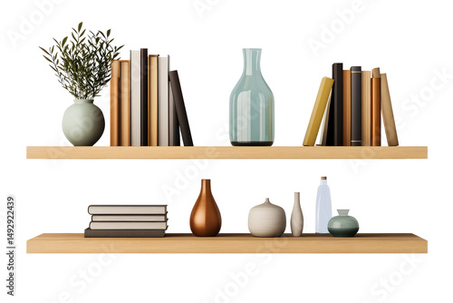 Two wooden shelves with books and decorative vases against a black background in a studio setting on transparent background