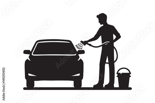Man washing a car silhouette vector on white background. Car service logo