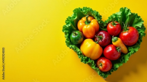 Wallpaper Mural A vibrant assortment of fresh, colorful vegetables arranged in a heart shape, nestled within a bed of crisp lettuce, against a sunny yellow backdrop. Torontodigital.ca