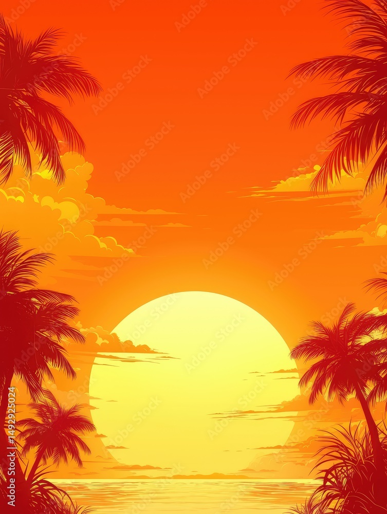 Vivid sunset scene framed by tropical silhouettes. Vivid sunset scene framed by tropical silhouettes.