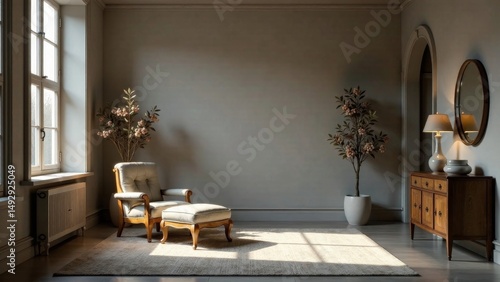 Wallpaper Mural Serene Living Room with Upholstered Chair and Ottoman, Illuminated by Soft Sunlight Streaming Through a Large Window, Accented by Elegant Potted Plants and a Wooden Sideboard with a Table Lamp Torontodigital.ca