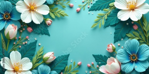 Wallpaper Mural A vibrant arrangement of papercrafted blossoms and foliage, forming a delightful frame on a tranquil teal backdrop Torontodigital.ca