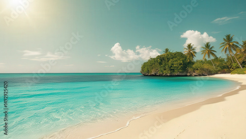 Tropical beach with clear water, palm trees, and a bright sunny sky.