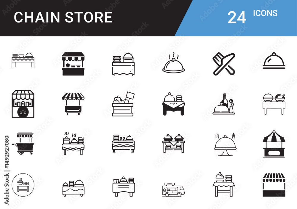 Chain Store Icons: A comprehensive collection of 24 detailed icons representing various aspects of a chain store, ideal for visual communication and design purposes. Chain Store Icons: A comprehensive collection of 24 detailed icons representing various aspects of a chain store, ideal for visual communication and design purposes.