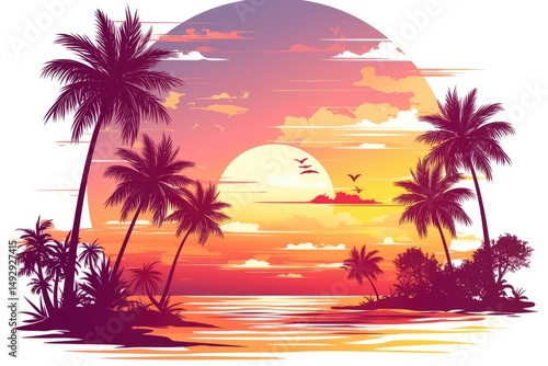 Silhouette tropical sunset scene with palm trees.